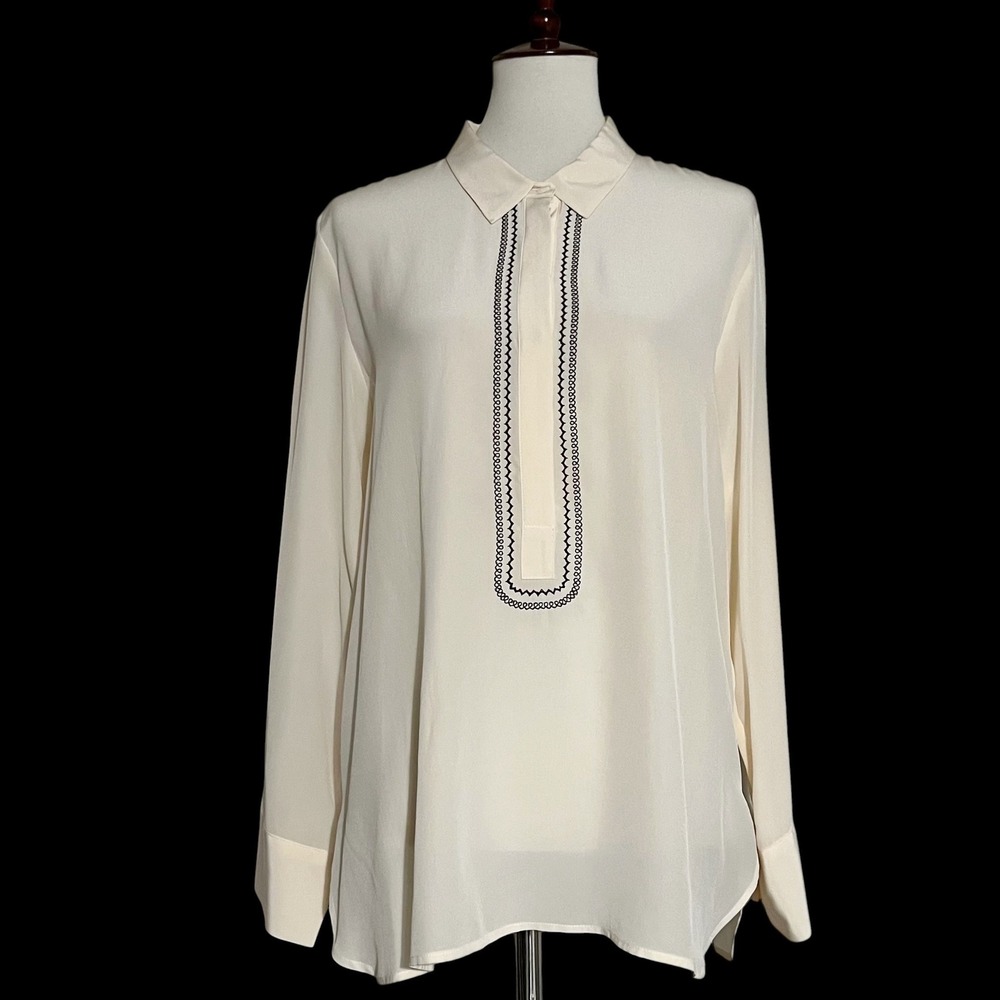 Gerard Darel Paris Silk Embroidered Placket Blouse Cream Ivory Size 44